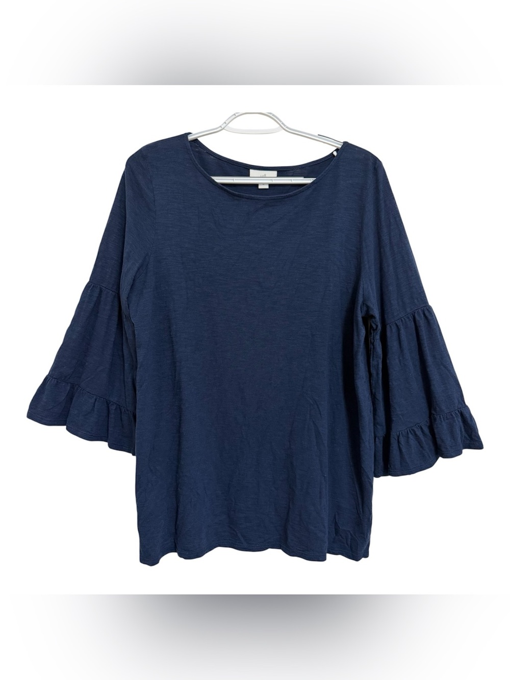 J. Jill Navy Blue 3/4 Ruffle Bell Sleeve Blouse Shirt Top Sz M Boho Coastal